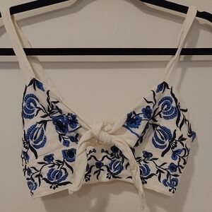 Floral Embroidered Crop Top in Blue and White